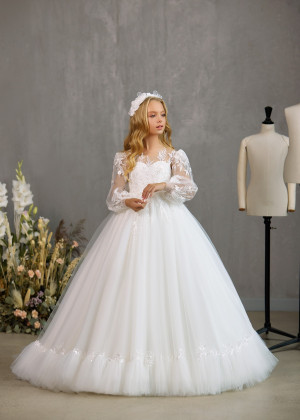 Long Sleeves Ivory Sequined Lace Tulle Flower Girl Dress With Ruffled Hem